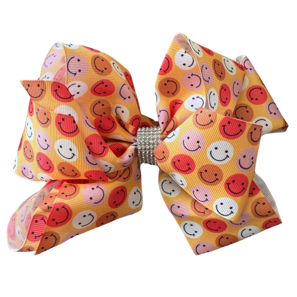 Smiley Face Kids Hair Bow - Orange and Pink